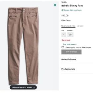 Tinsel Isabella Pants in Taupe Soft Skinny Straight Leg Women’s Size 27